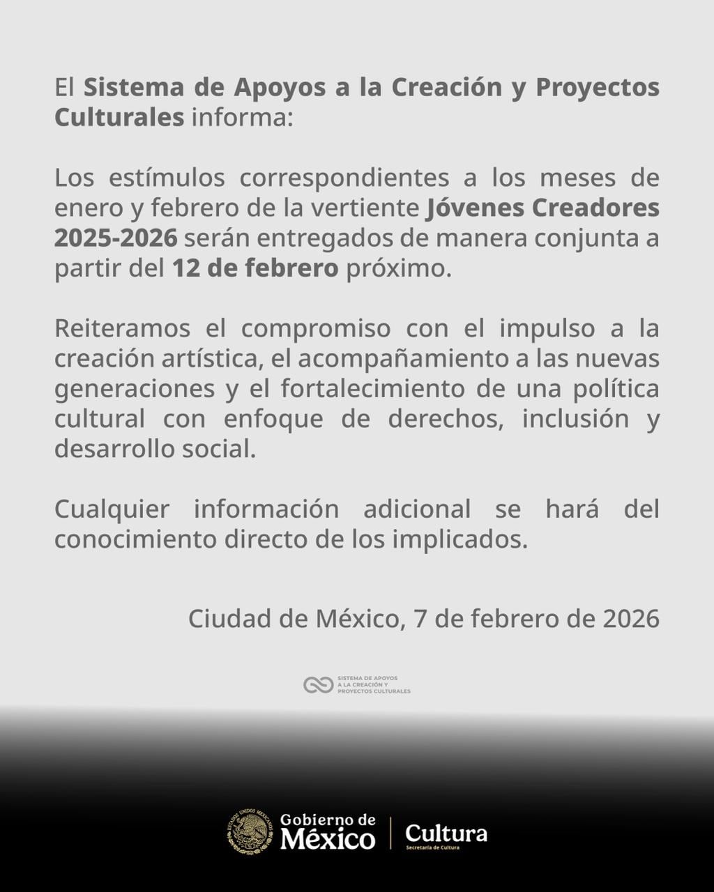 Comunicado de SACPC sobre el pago a las becas de Jóvenes Creadores.