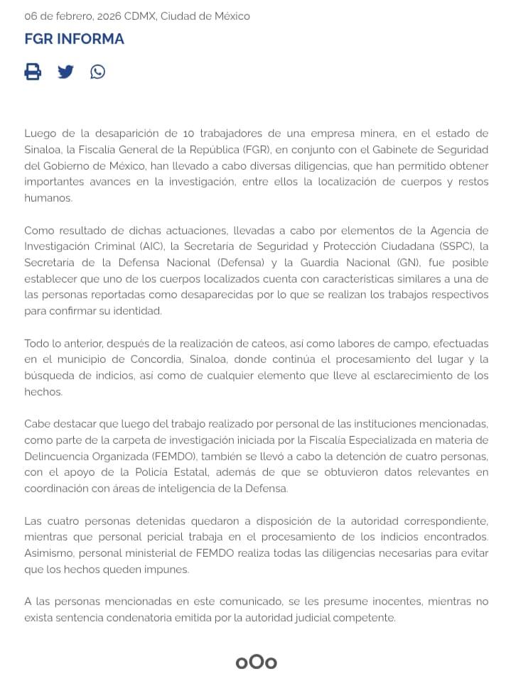 Restos localizados podrían pertenecer a minero desaparecido en Sinaloa, sugiere FGR