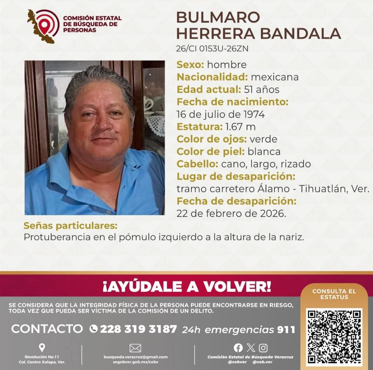Boletín de desaparición de Bulmaro Herrera en medio de bloqueos por El Mencho.