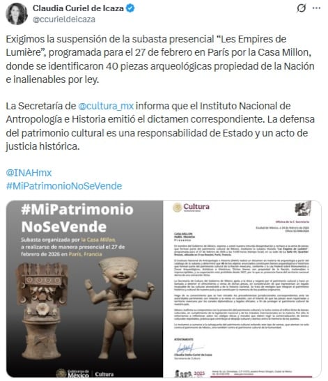 Curiel de Icaza exige detención de subasta en París de piezas prehispánicas.