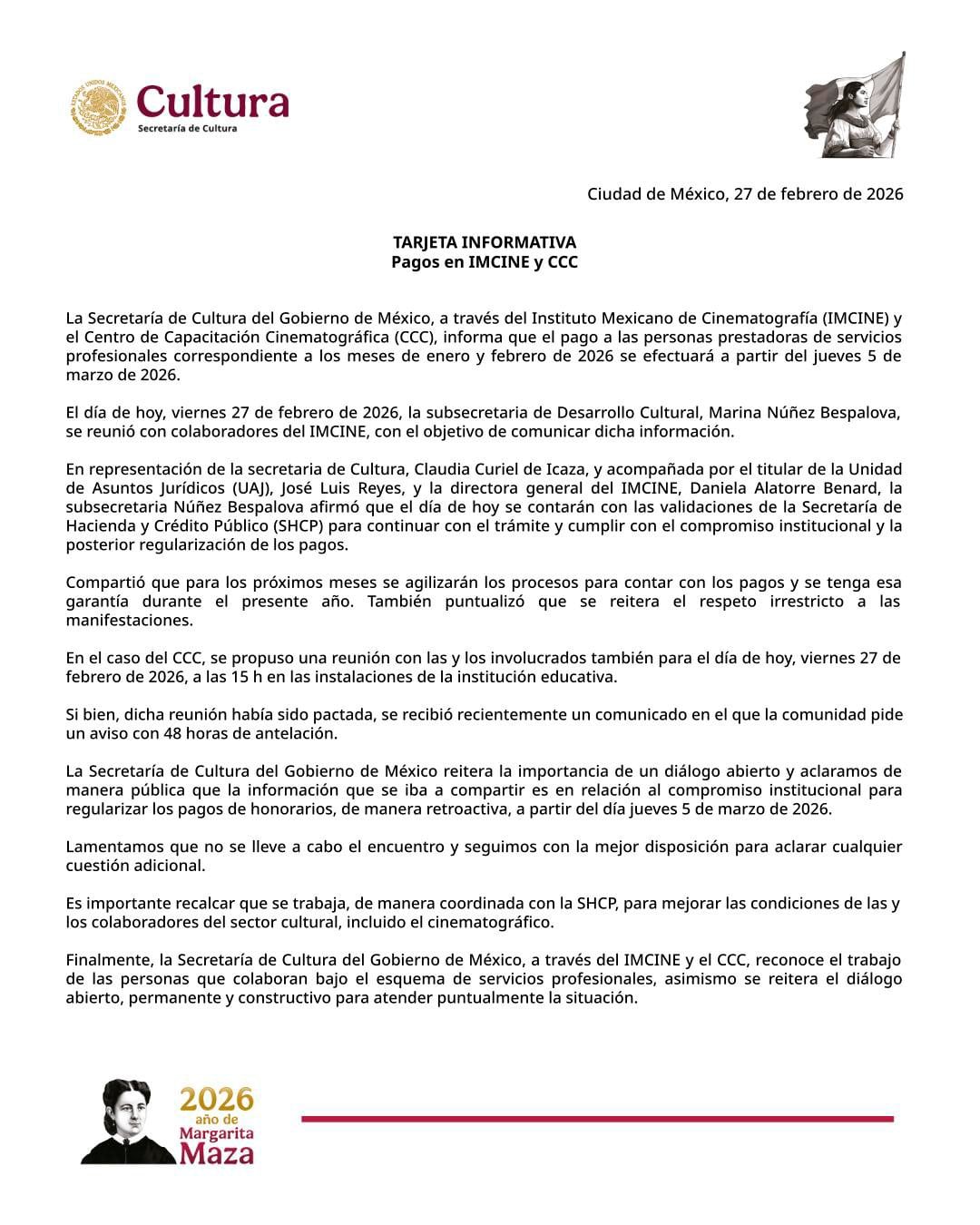 bdiiaeluo5hvhegu7426mx3xka Secretaría de Cultura anuncia fecha para regularizar pagos en IMCINE y CCC