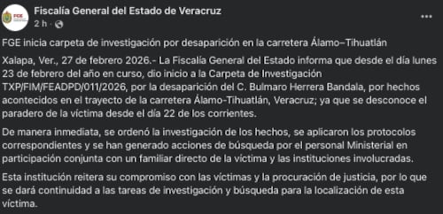 FGE abre investigación sobre desaparición de Bulmaro Herrera