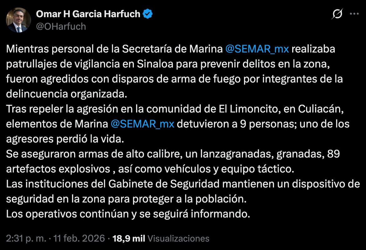 Omar García Harfuch confirma enfrentamiento entre elementos de la Semar y delincuentes en El Limoncito