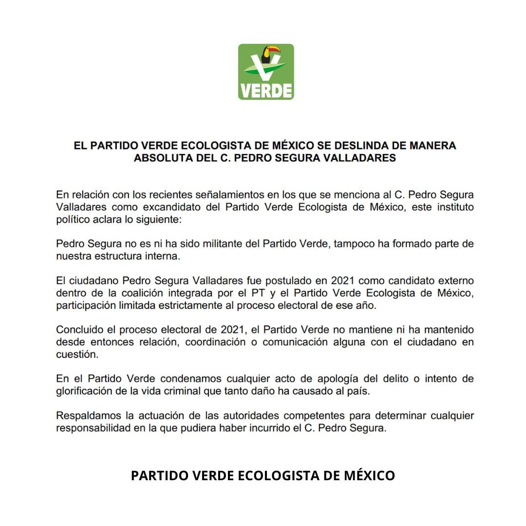 Partido Verde se deslinda de Pedro Segura por caso El Mencho