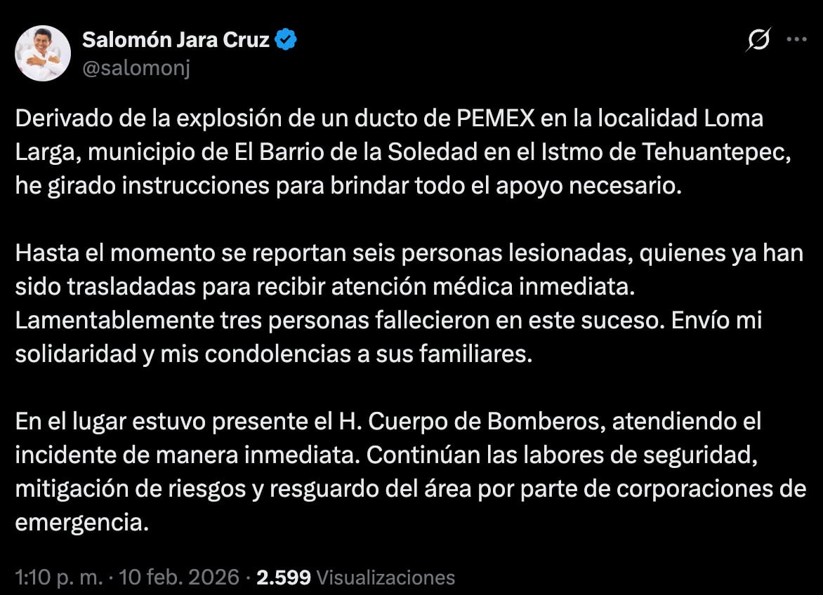 jhkx6qj2vnh4jlcjehr5hjxujy Mensaje de Salomón Jara Cruz tras explosión de un ducto en Pemex