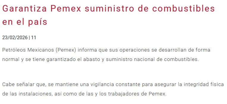 Comunicado de Pemex sobre el desabasto tras operativo por El Mencho.