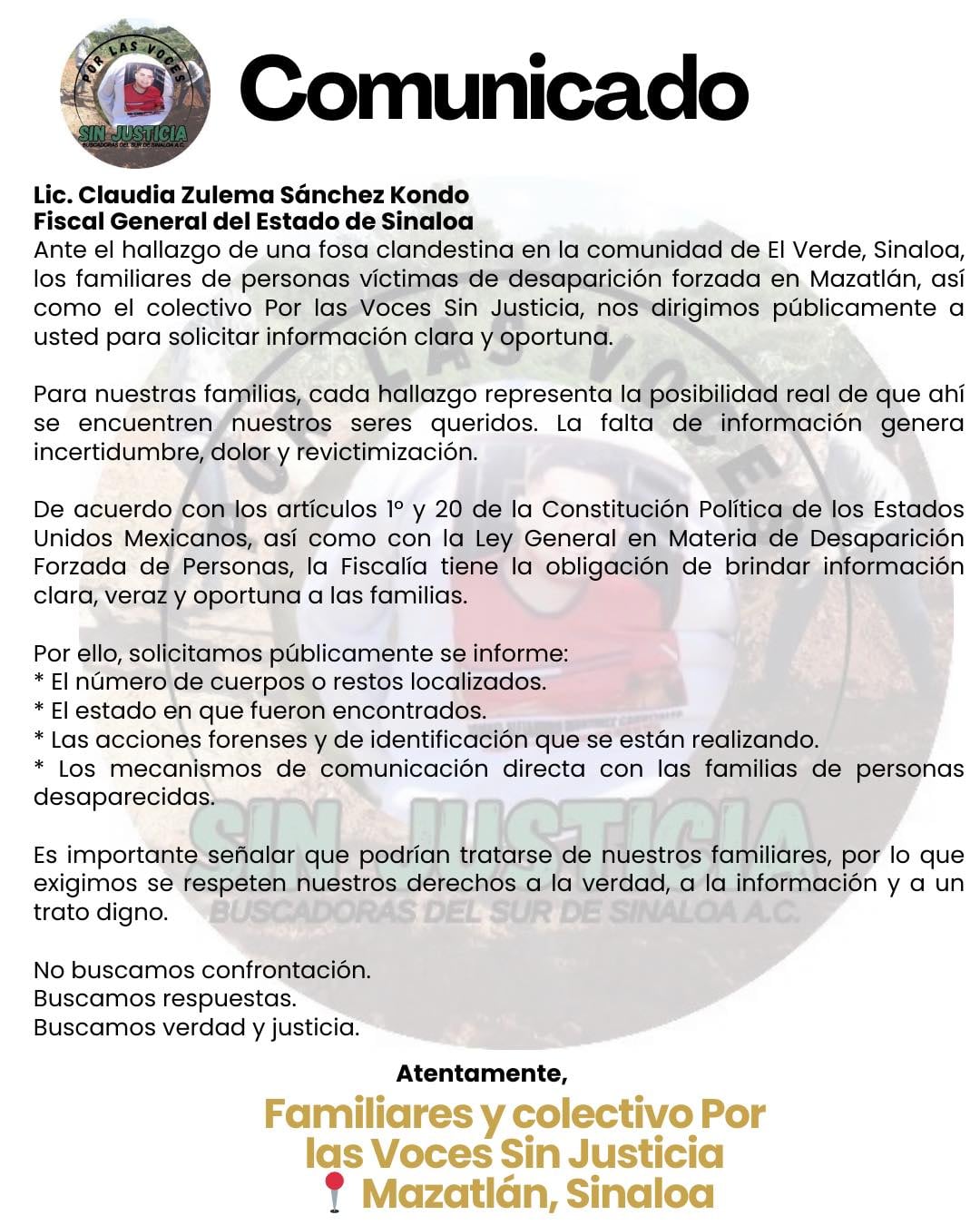 Colectivo pide a la Fiscalía de Sinaloa aclarar presunto hallazgo de fosa clandestina en Concordia