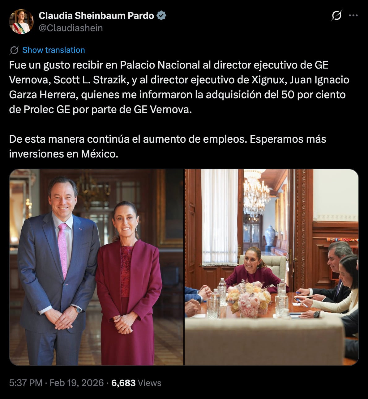 Sheinbaum recibe a GE Vernova en Palacio Nacional tras compra de Prolec Energy