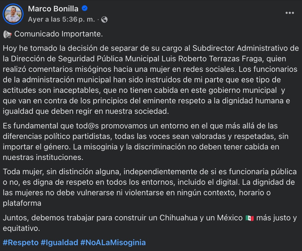 Alcalde de Chihuahua despide a funcionario por comentario misógino a Andrea Chávez