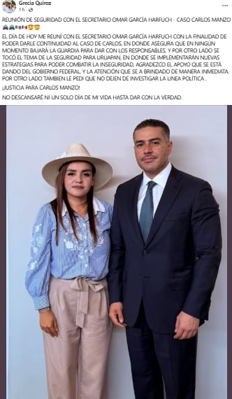 García Harfuch reafirma compromiso con Grecia Quiroz a dar seguimiento al caso Carlos Manzo