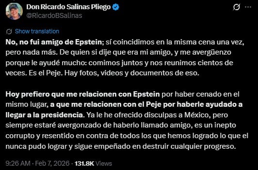 Salinas Pliego niega amistad con Epstein, pero admite que cenaron juntos