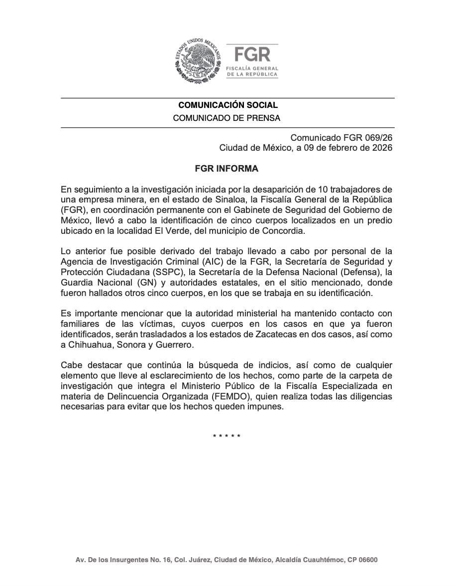 FGR confirma hallazgo de 5 cuerpos de ingenieros desaparecidos en Concordia