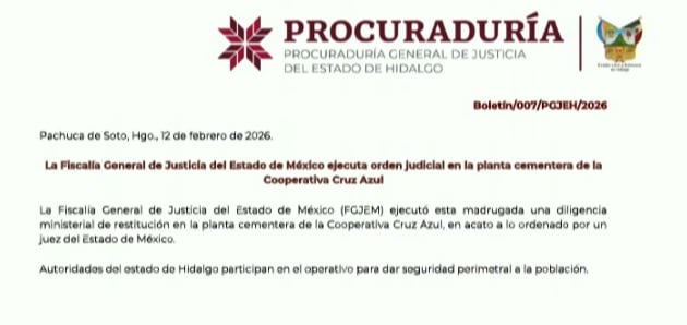 Procuraduría de Hidalgo informa acciones en la cementera Cruz Azul en Tula.