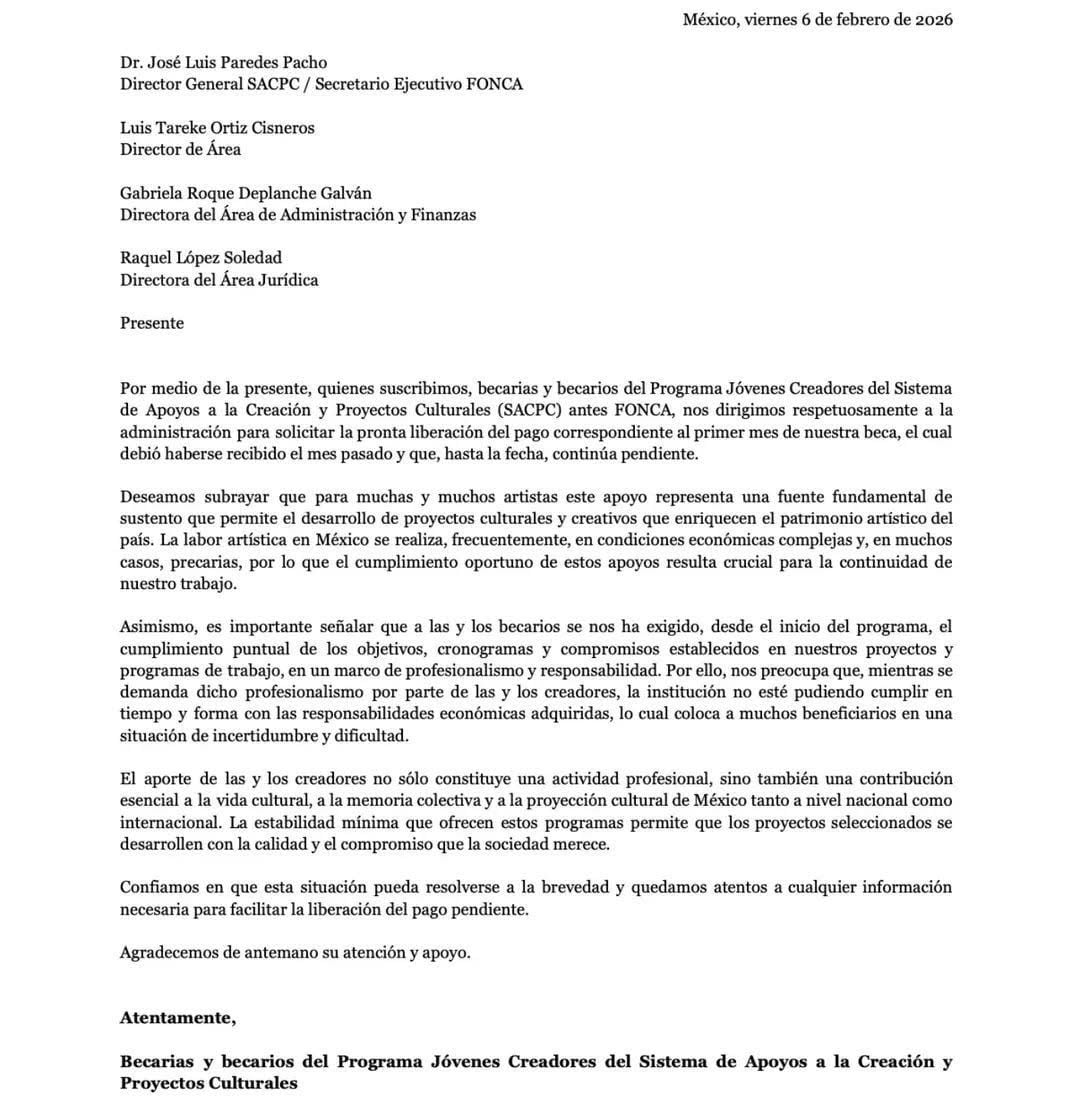 Comunicado de Jóvenes Creadores sobre la falta de pago de su beca.