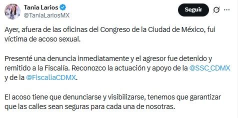 Tania Larios denuncia acoso sexual afuera del Congreso de la CDMX.