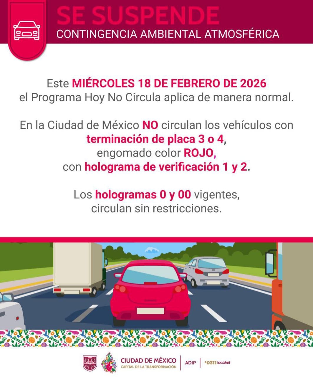 Doble Hoy No Circula se suspende para el miércoles 18 de febrero