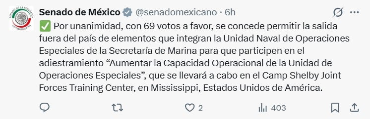 Senado aprueba envío de elementos de Marina a Estados Unidos para capacitación