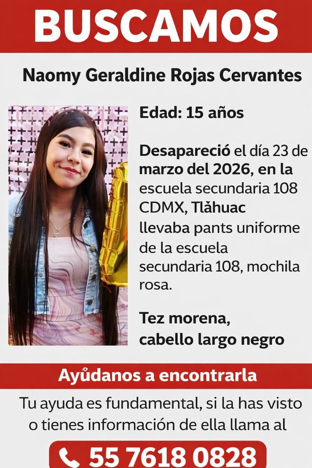 Buscan a Naomy Geraldine, estudiante desaparecida en Tláhuac tras ser sacada del plantel