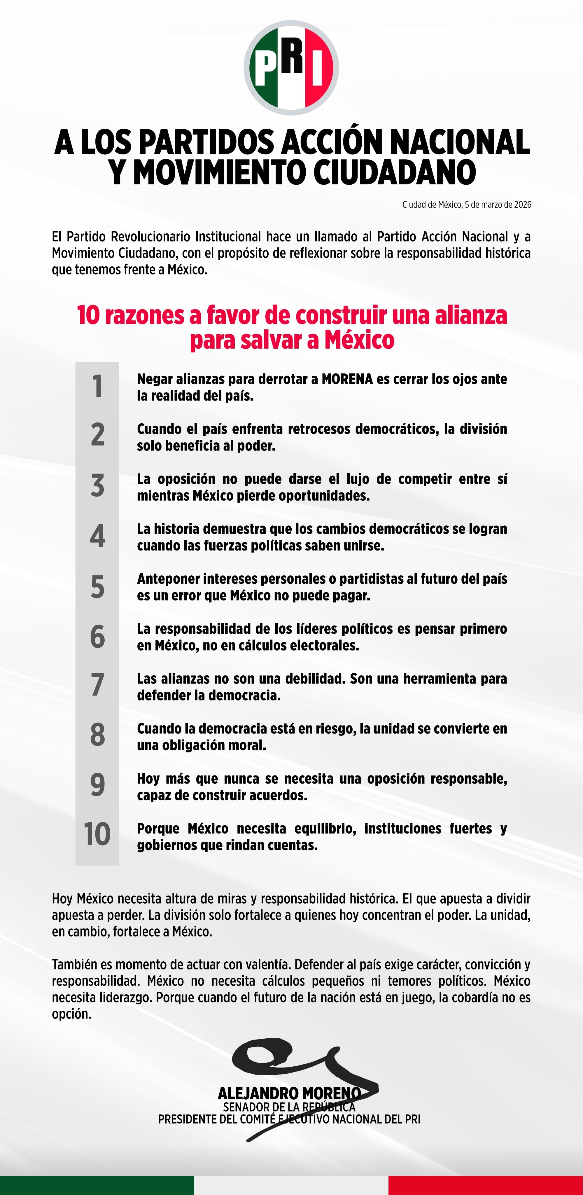 Las 10 razones del PRI, PAN y Movimiento Ciudadano para aliarse, según Alejandro Moreno