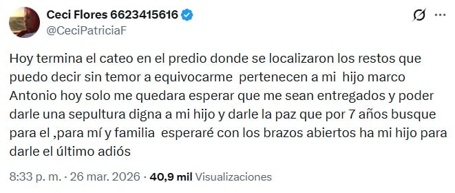 Ceci Flores espera recibir los restos de su hijo para una sepultura digna