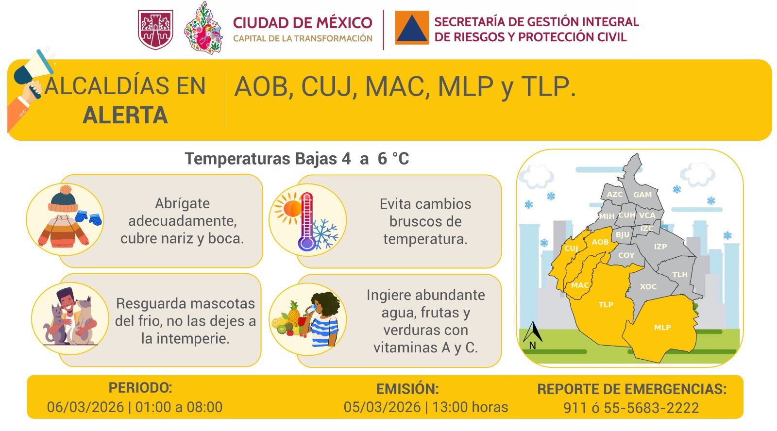 Hará frío en CDMX; activan alerta amarilla