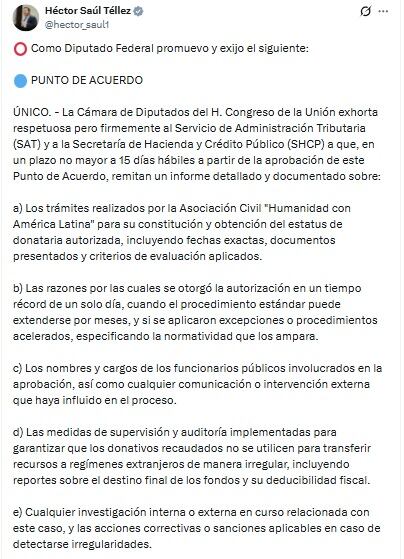 Héctor Sául Téllez del PT pide al SAT aclarar cuenta donde AMLO pide apoyo para Cuba.