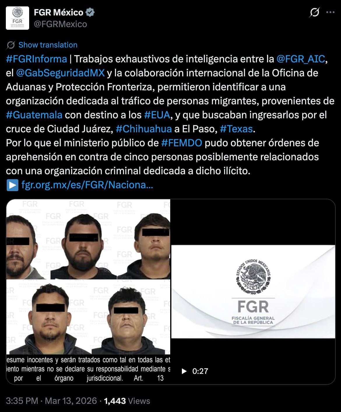 FGR ejecuta órdenes de aprehensión por tráfico de migrantes