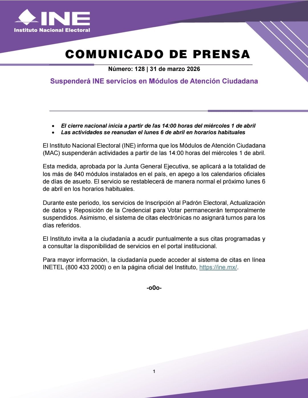 Comunicado del INE por días de asueto en abril 2026.