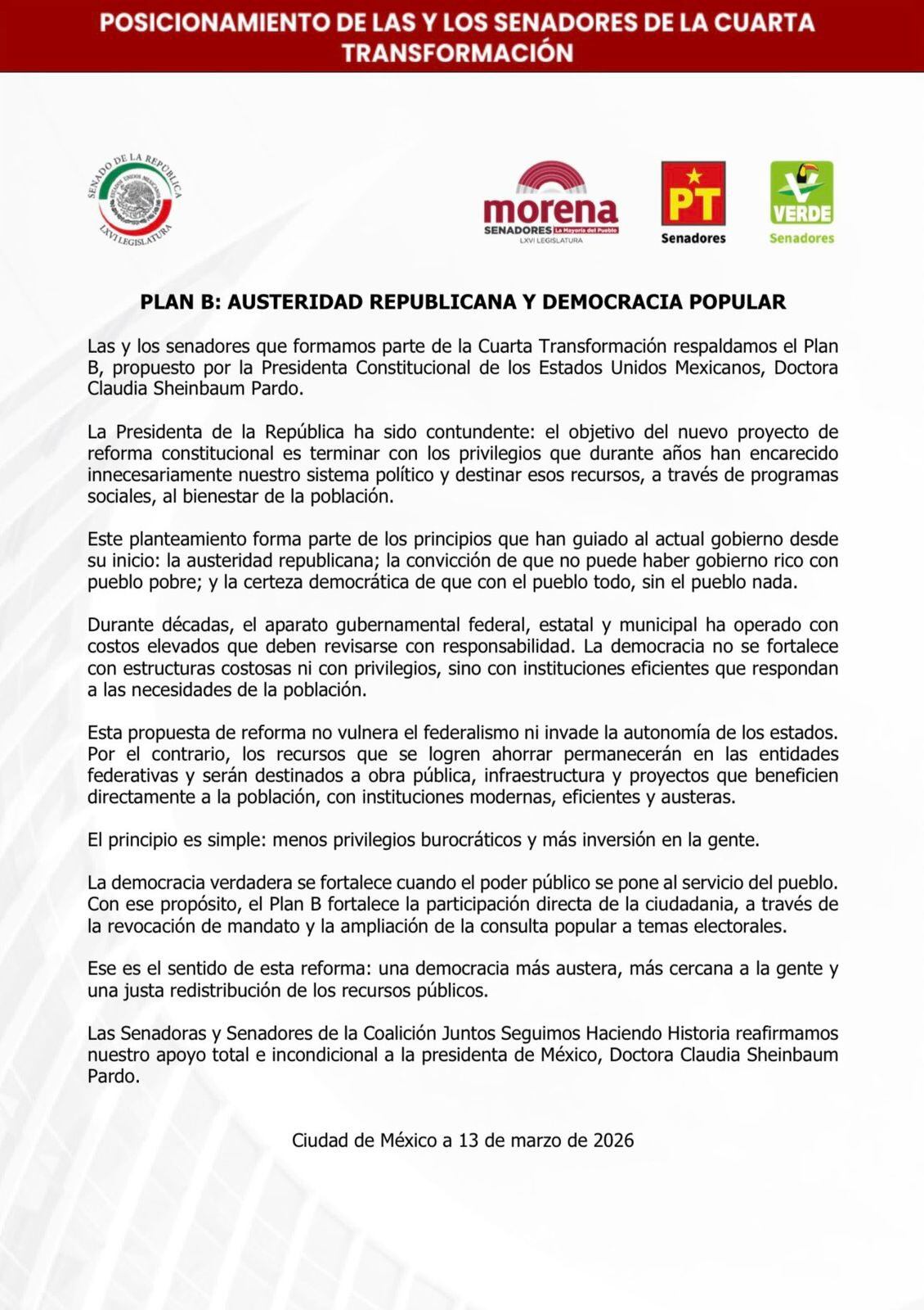 Morena, PT y PVEM respaldan el Plan B de reforma electoral y destacan austeridad