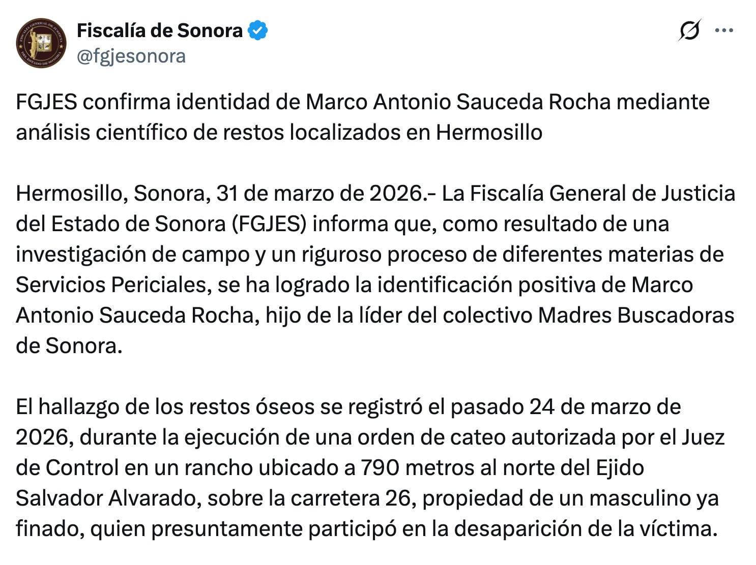 Fiscalía de Sonora confirma identidad de Marco Sauceda, hijo de Ceci Flores