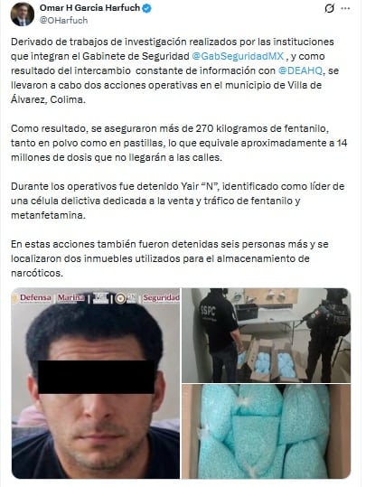 Omar García Harfuch informa detención de líder criminal tras información de la DEA.