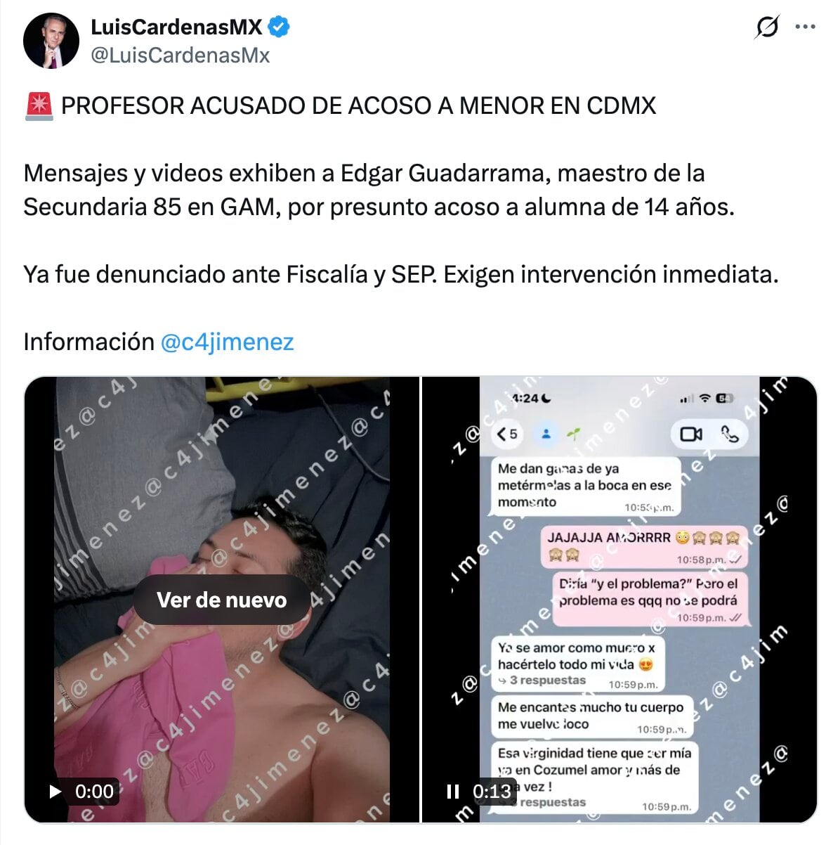 Mensajes y videos exhiben a maestro de la SEP acusado de acosar a alumna