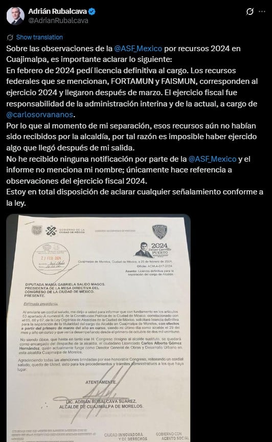 Rubalcava responde a observaciones de la ASF por recursos en Cuajimalpa