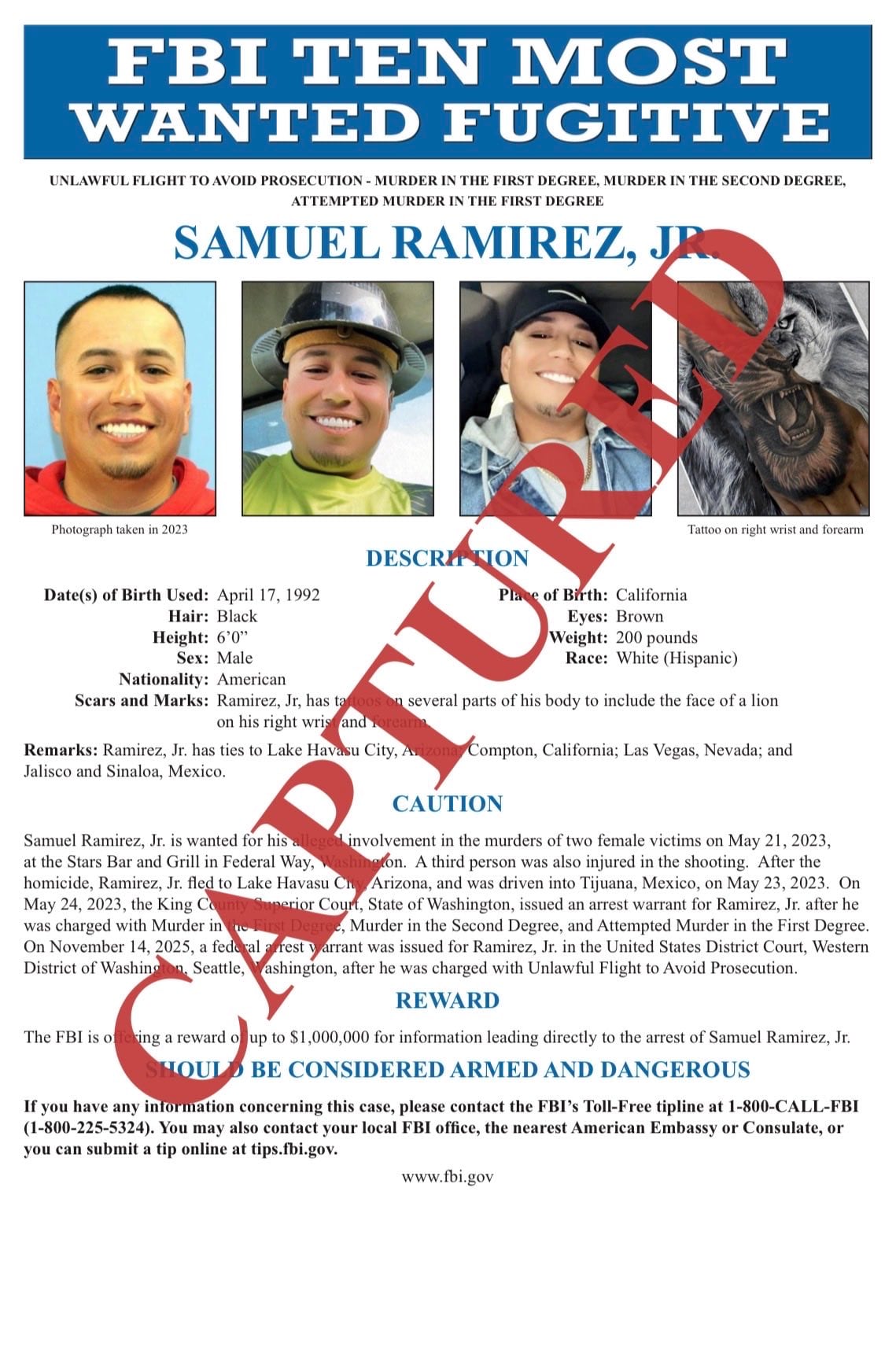 FBI captura a Samuel Ramírez Jr. en Sinaloa, uno de los 10 más buscados