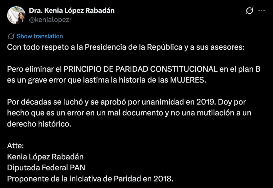 López Rabadán: eliminar la paridad en el Plan B es un “grave error”
