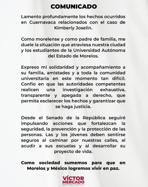 Senador de Morena pide seguridad a jóvenes tras desaparición de Kimberly Joselin