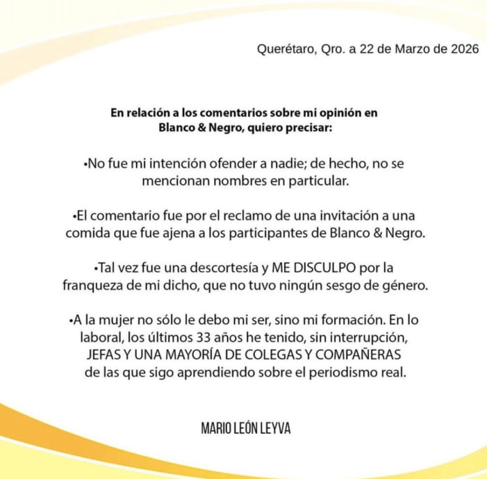 Mario León Leyva se disculpa por comentario machista