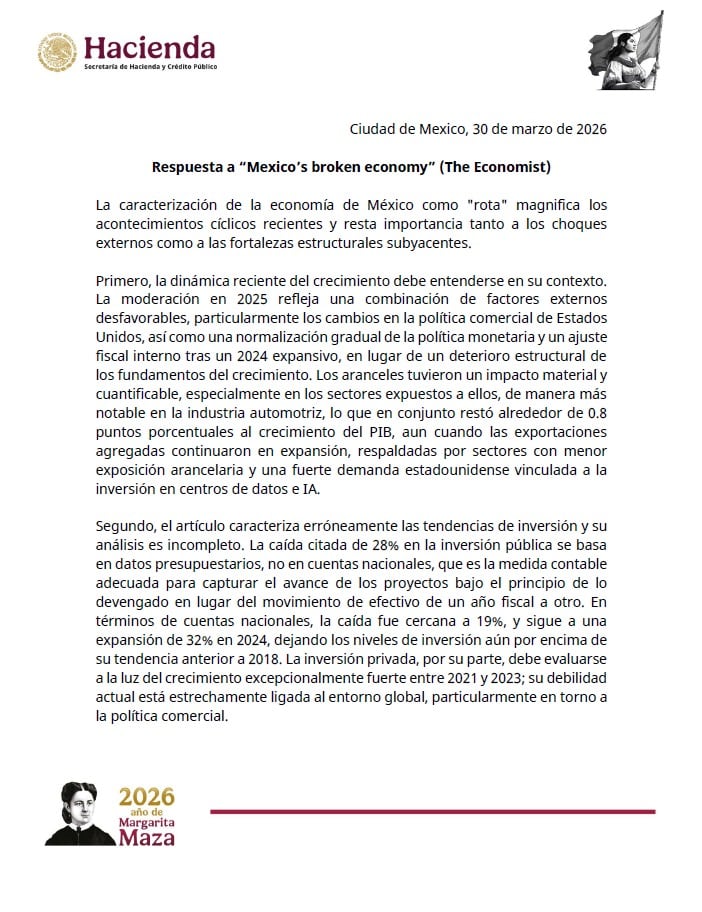 Comunicado de la SHCP sobre crítica de The Economist.