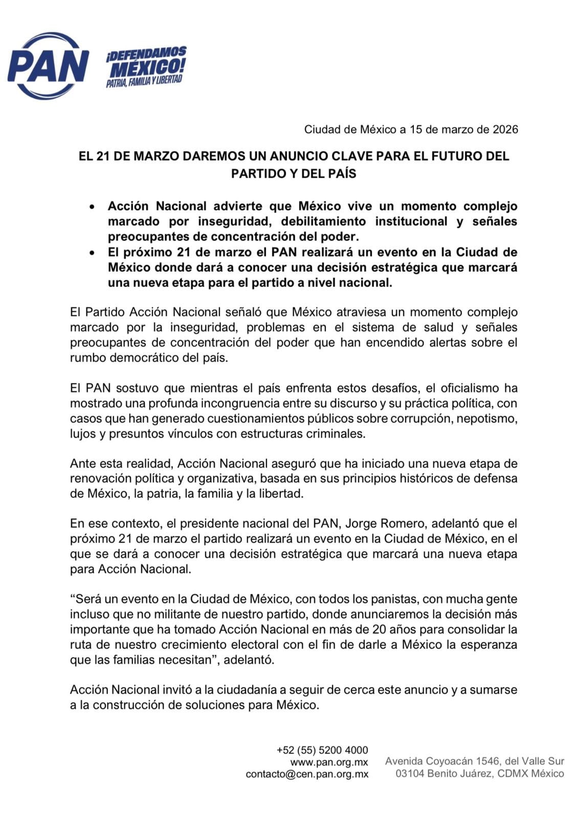 PAN anunciará la decisión “más importante en 20 años” en la CDMX en esta fecha