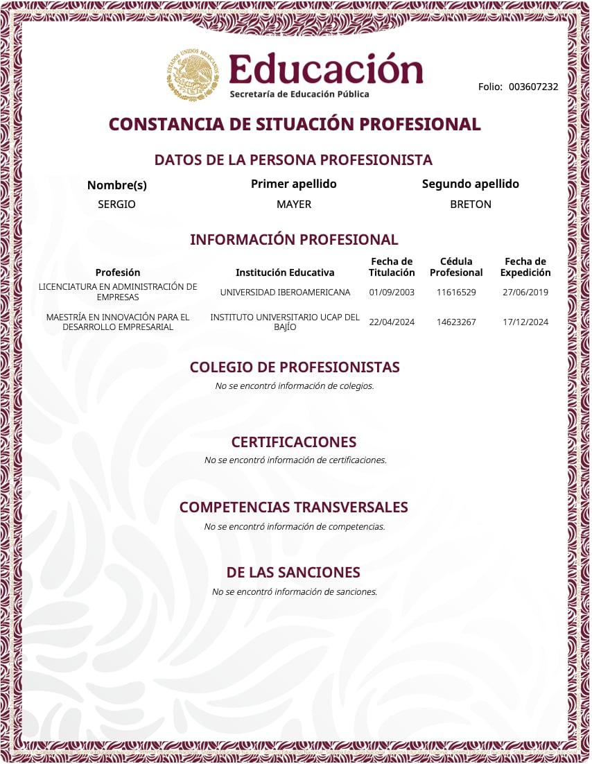 Datos profesionales de Sergio Mayer