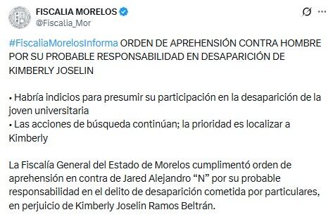 uckooplgbbhz5ahqx57ilgxcym Fiscalía informa la detención de sospechoso en Morelos por desaparición de Kimberly Joselyn.