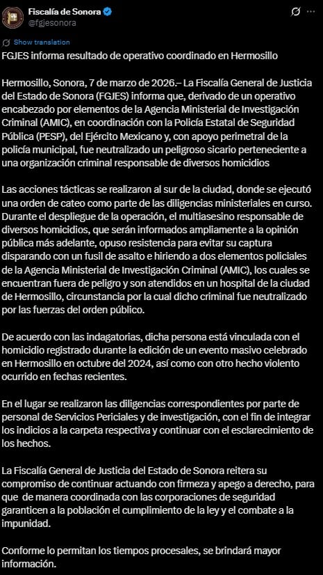 Fiscalía de Sonora abate a sicario ligado a múltiples asesinatos