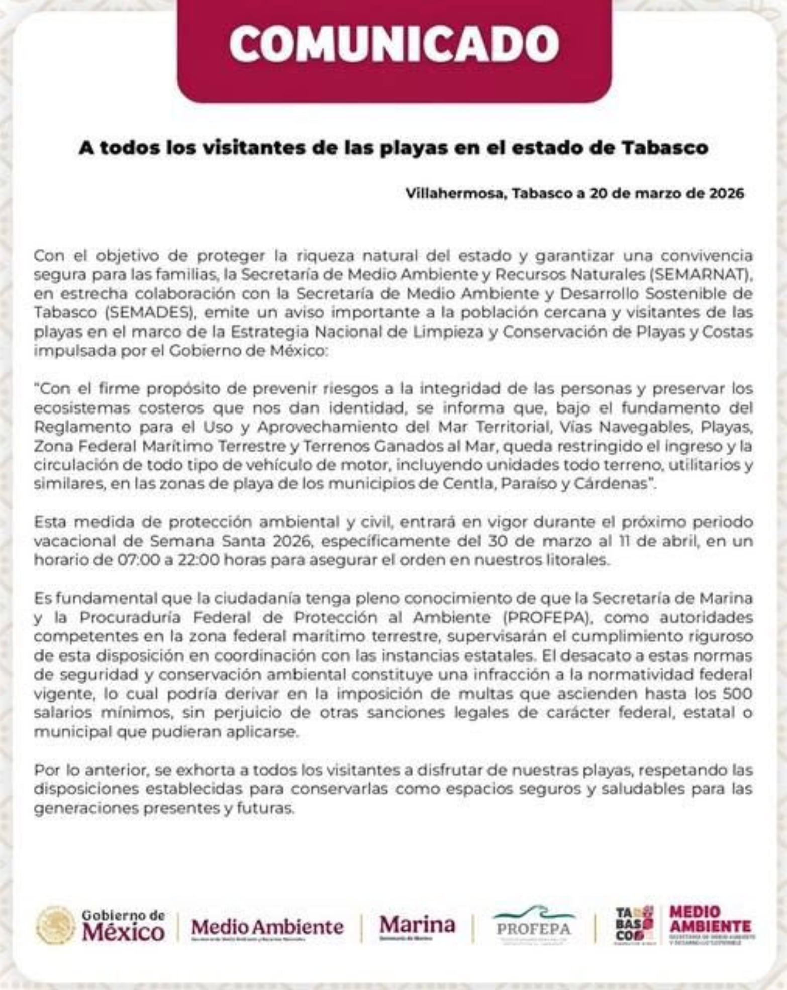 Prohíben vehículos motorizados en playas de Tabasco