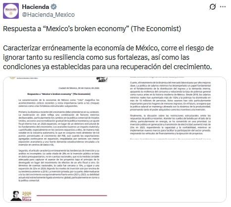SHCP responde a la crítica de The Economist sobre la economía en México.