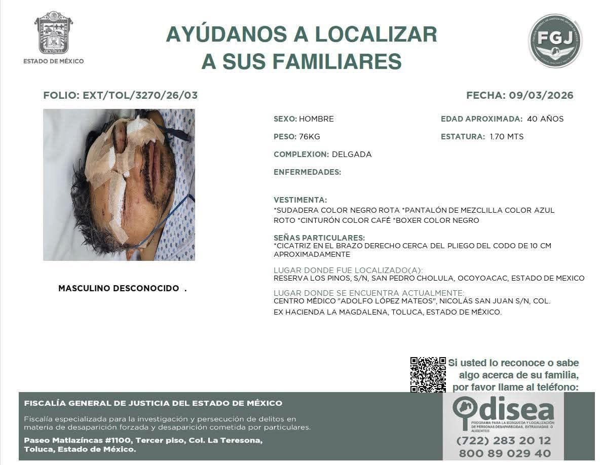Boletín de búsqueda de hombre que ingresó a reserva de leones en Ocoyoacac.