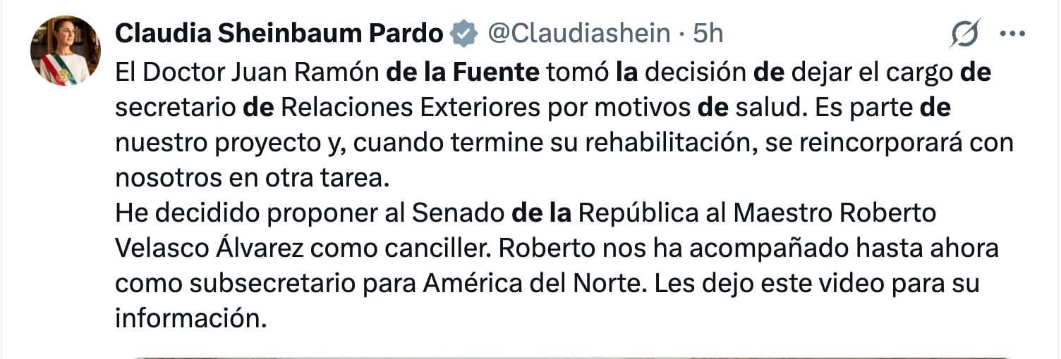 Juan Ramón de la Fuente sobre salida de la SRE