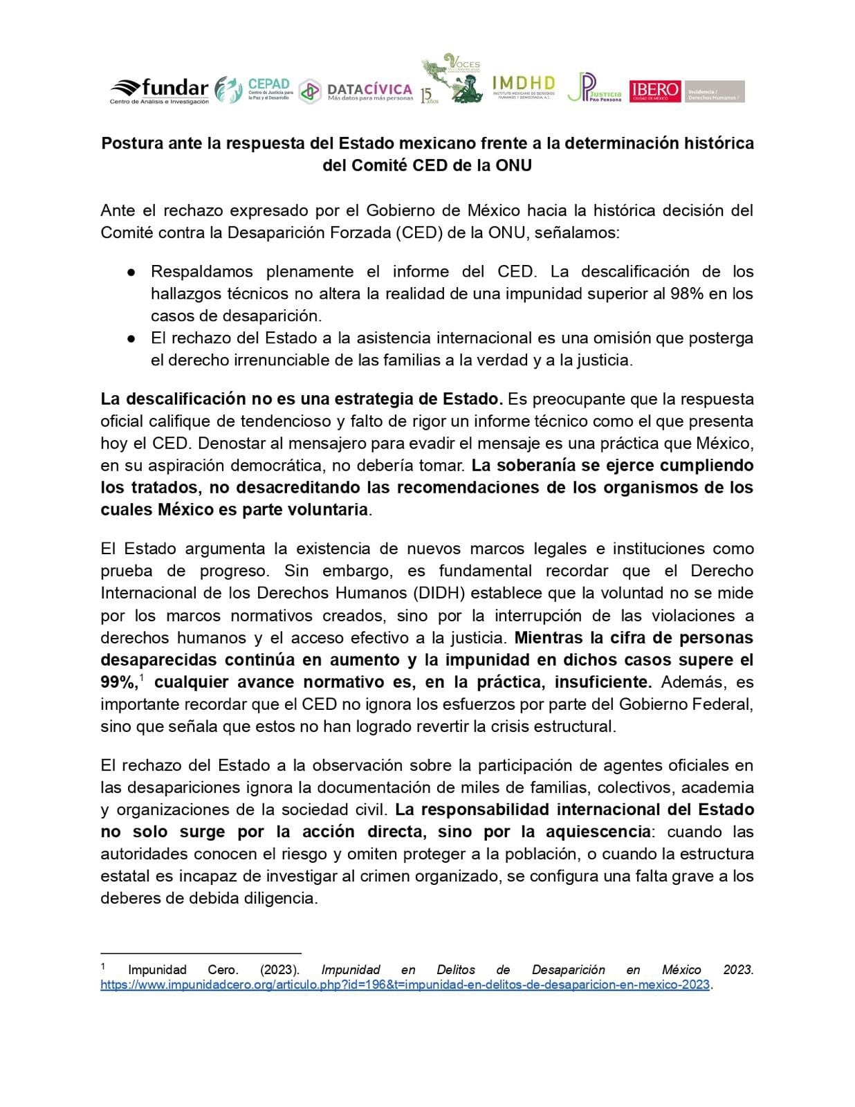 Organizaciones responden a rechazo de México a informe de la ONU