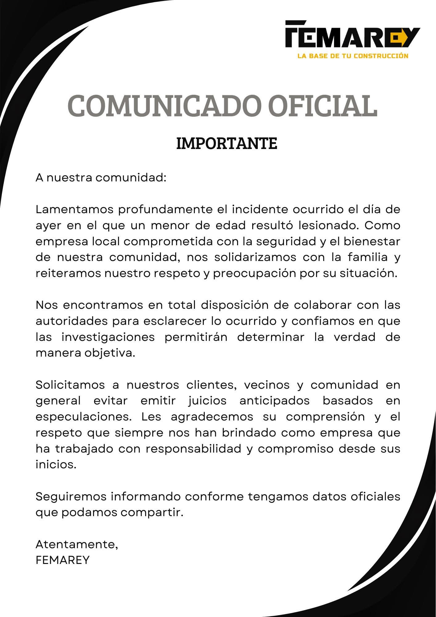 FEMAREY lamenta incidente con menor y se compromete a colaborar con autoridades