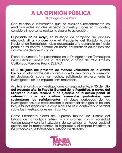 FGR desecha denuncia penal contra Tania Contreras