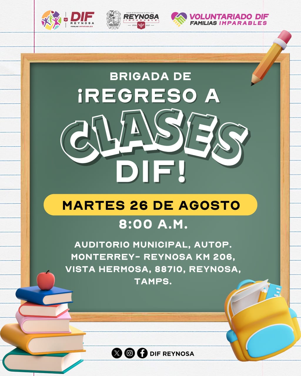 Invita DIF-Reynosa y Voluntariado a Brigada de Regreso a Clases con entrega gratuita de útiles escolares y servicios